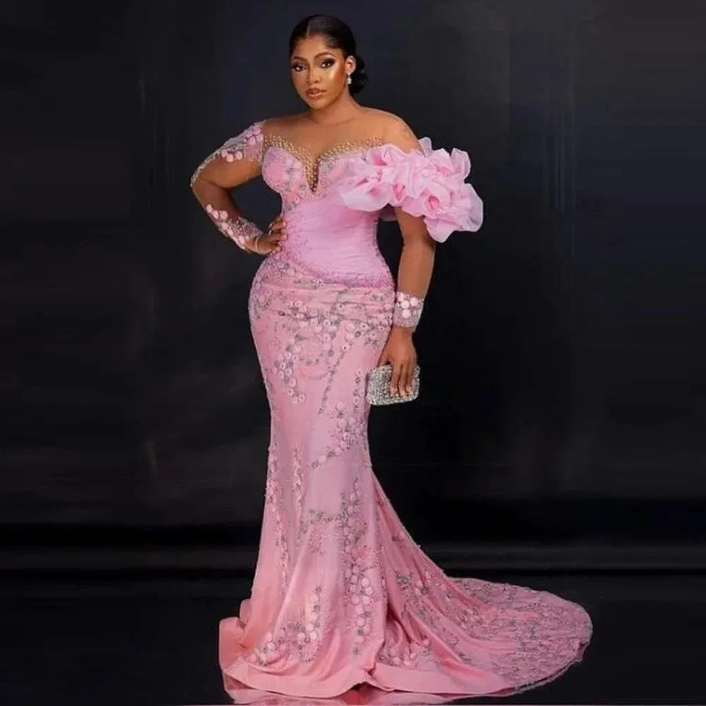 Custom African Women  Lace Prom Dresses Mermaid Party Gowns For Appliques Ruffles Illusion Long Sleeves Plus Sze Evening Dress