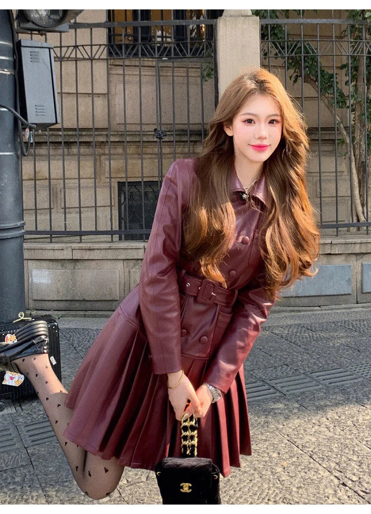 2025 New Fashion PU Leather Dress for Women High Street Trend Long Sleeve Slimming Elegant Pleated Dresses Female Clothing