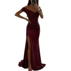 2025 Elegant Off-shoulder Gown Dress V-Neck Sequin Pleated Short Sleeve Waist Tight Maxi Dress Split Evening Party Prom Dress