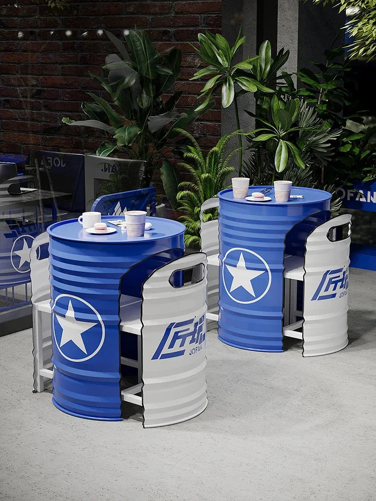 Industrial Style Coffee Shop Courtyard Leisure Area Outdoor Iron Oil Drum Tables and Chairs