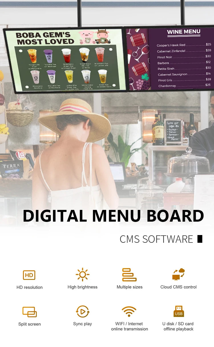 49 55 Inch Fast Food Store Advertising Devise Hanging Lcd Display Wall Mounted Digital Menu Board for Restaurant Shopping Mall