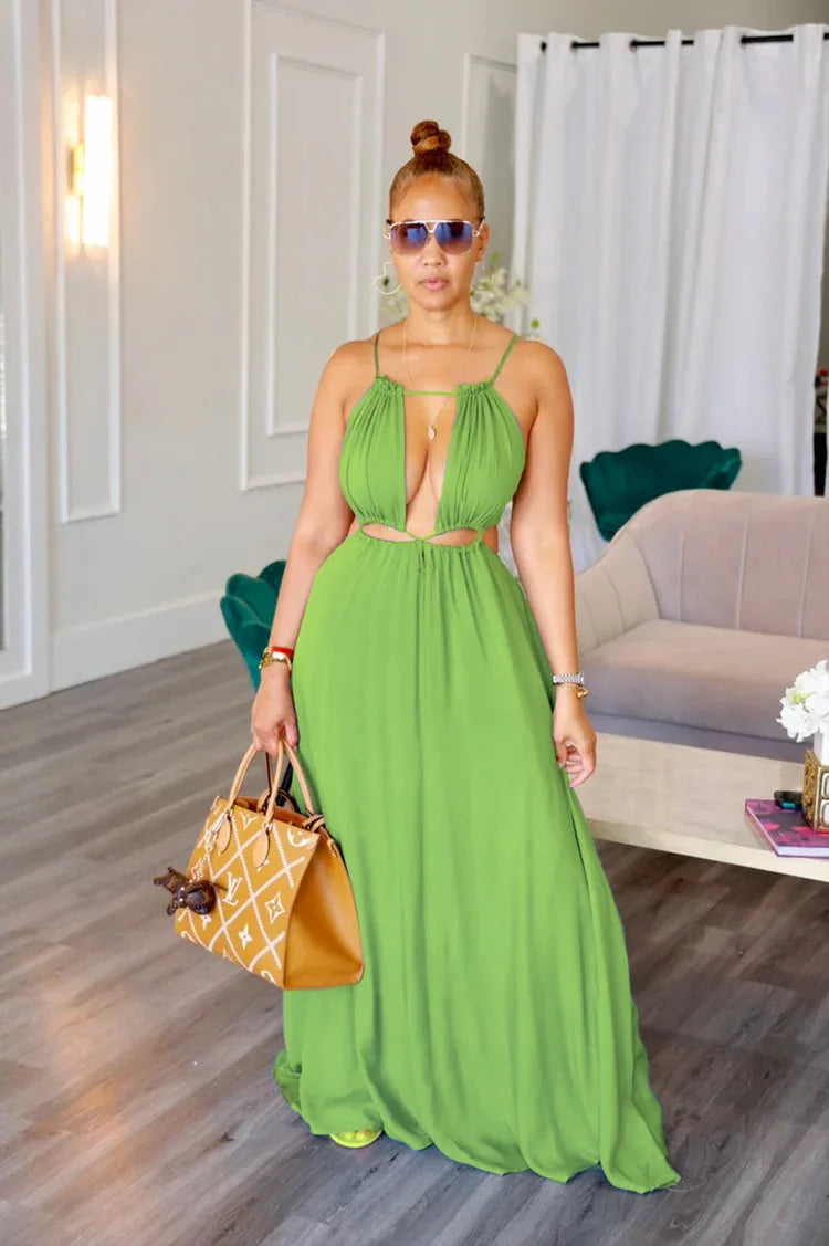 2025 Women's Dress Summer Holiday Solid Long Dresses Sexy Drawstring Lace Up Sleeveless Vestidos Para Mujer Club Party Outfits