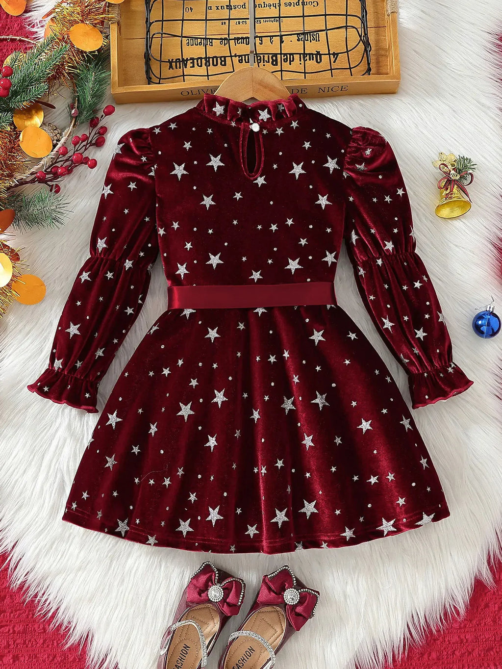 2025 New Year Dress for Girls Winter 3-6Y Kids Star Print Bowknot Long Sleeve Evening Dress Christmas Festive Dress for Girls