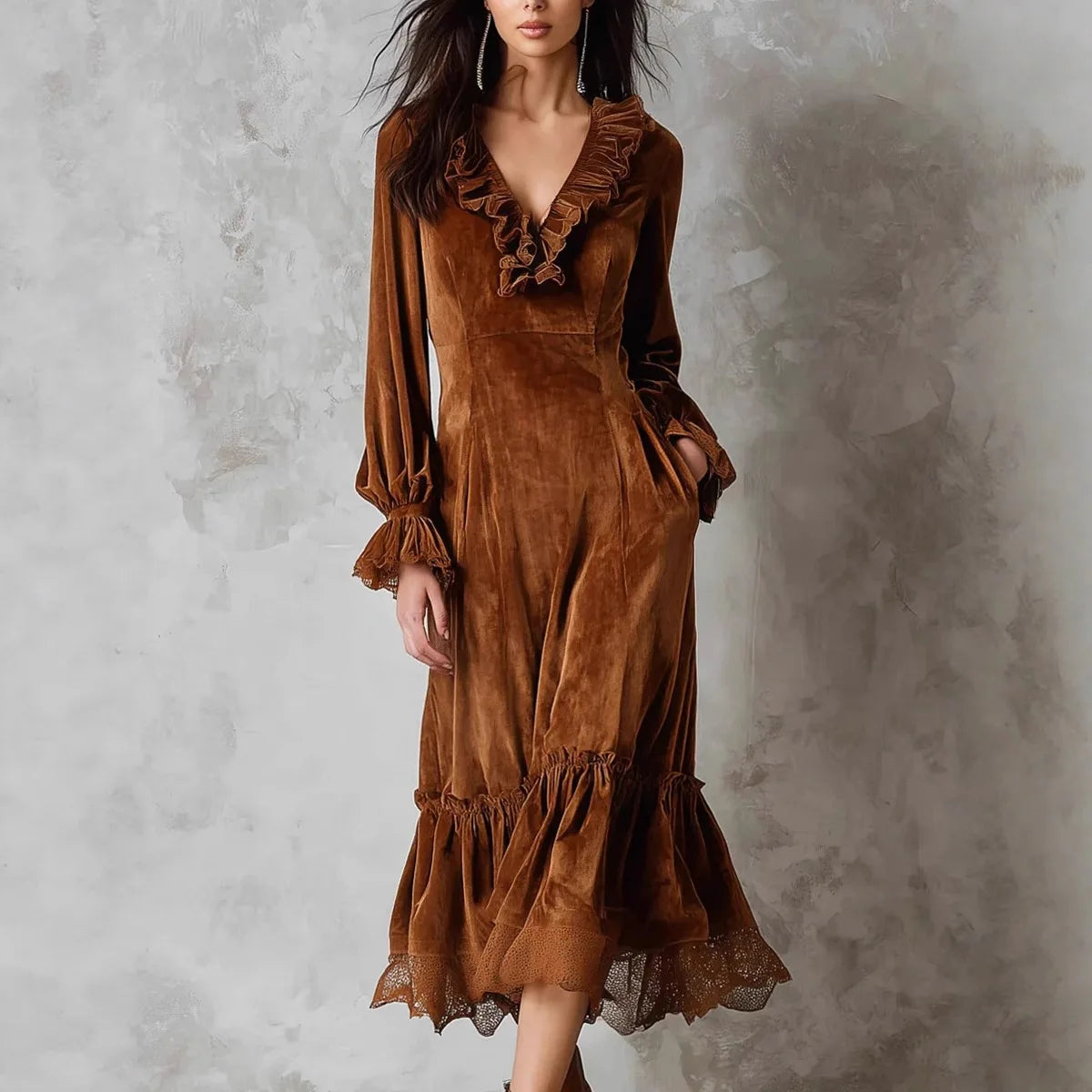 Womens Dresses 2025 Vintage Velvet V-neck Ruffled Lace Spliced Slim Fit Maxi Dress For Women Autumn Winter Elegant Party Dresses