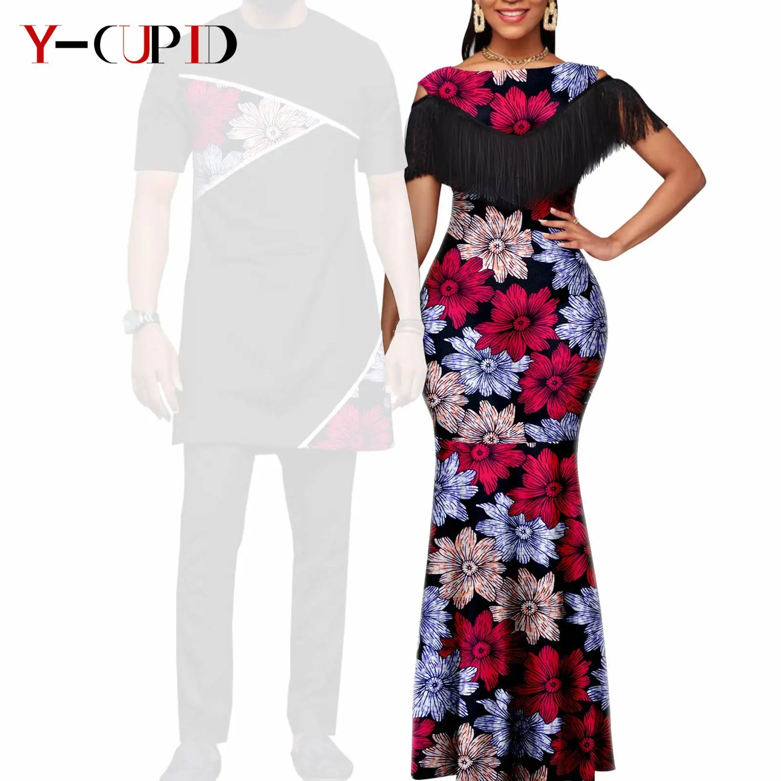 African Dresses for Women Matching Couple Outfits Bazin Riche Dashiki Slim Tassel Print Long Dresses for Party Vestidos Y23C009