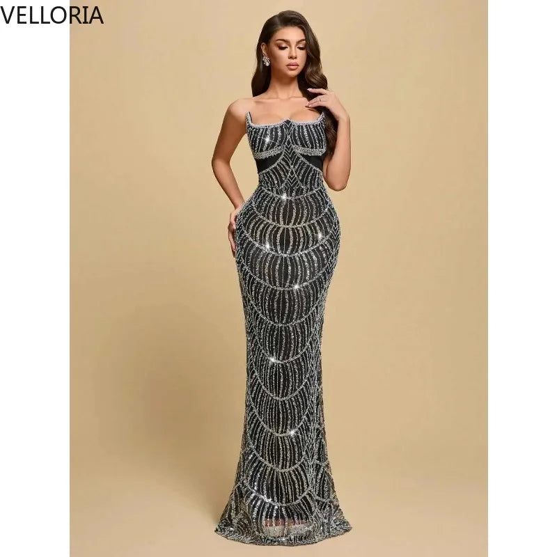 Black Prom Dress Silver Geometric Sequin Mermaid Evening Gown 2025 Structured Corset Vintage Great Gatsby Party Dress Customized