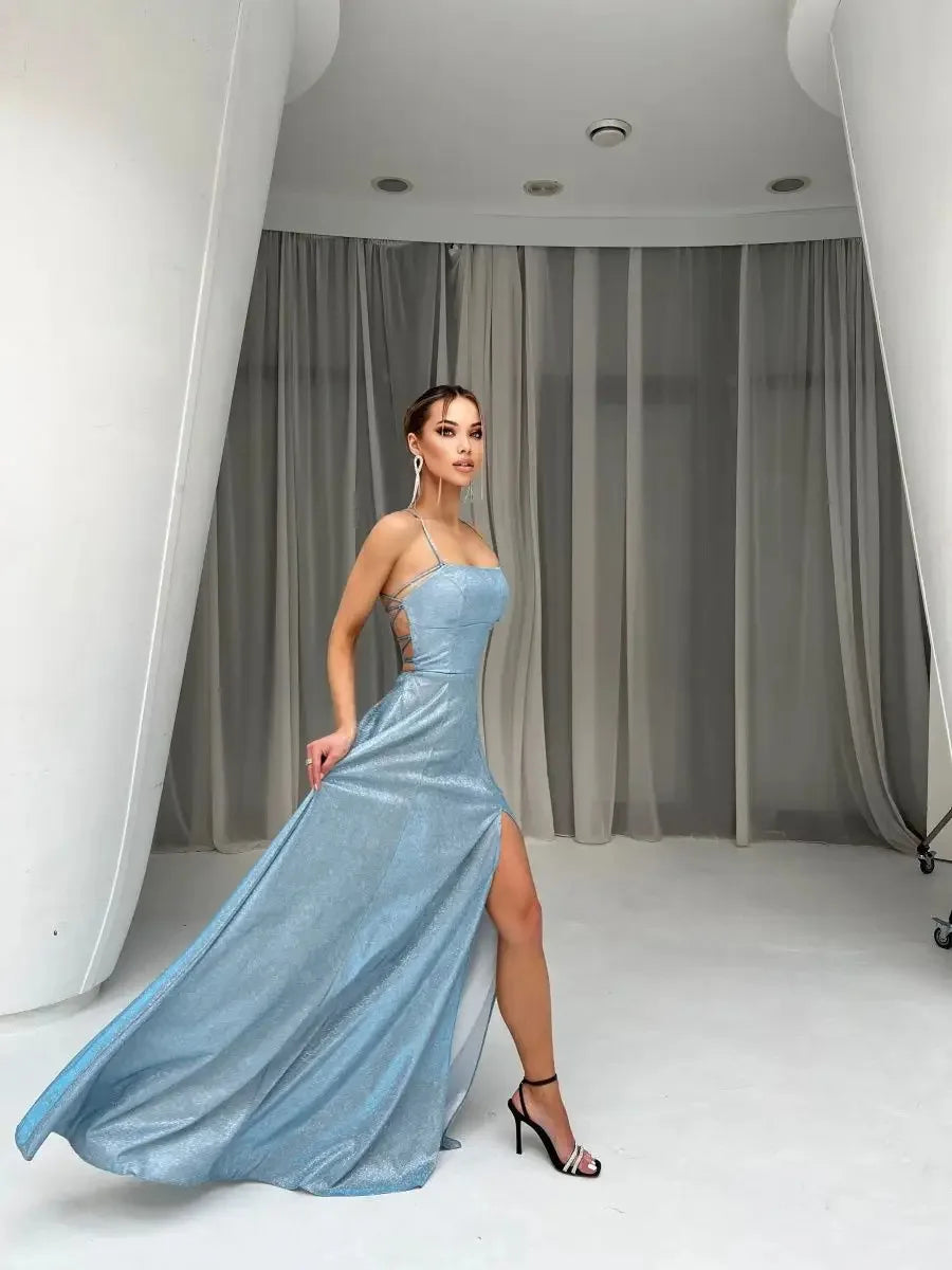 Female Evening Dress Dress 2025 Fashion New Spring And Autumn High Street Suspender Backless Sexy Split Flash Party Banquet