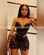 African Black Short Prom Dresses O Neck Long Sleeve Appliques Straight Illusion Sexy Birthday Dress For Baddies Customized