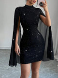 2025 Sexy Elegant Evening Party Dresses Round Neck Pit Stripe Pearl Chiffon Cape Sleeve Wrapped Hip Dress New Fashion Casual