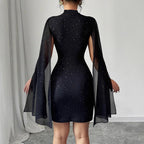 2025 Sexy Elegant Evening Party Dresses Round Neck Pit Stripe Pearl Chiffon Cape Sleeve Wrapped Hip Dress New Fashion Casual