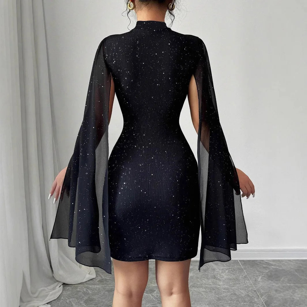 2025 Sexy Elegant Evening Party Dresses Round Neck Pit Stripe Pearl Chiffon Cape Sleeve Wrapped Hip Dress New Fashion Casual