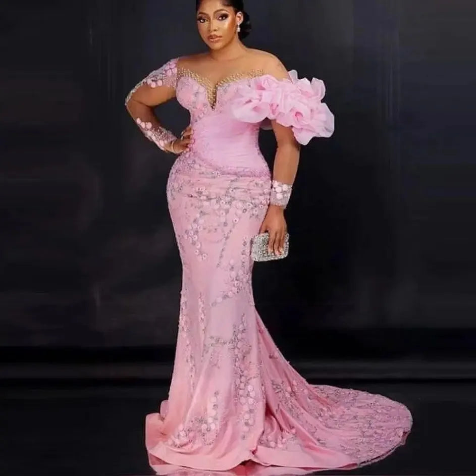 Custom African Women  Lace Prom Dresses Mermaid Party Gowns For Appliques Ruffles Illusion Long Sleeves Plus Sze Evening Dress