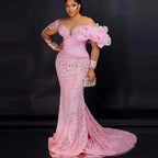 Custom African Women  Lace Prom Dresses Mermaid Party Gowns For Appliques Ruffles Illusion Long Sleeves Plus Sze Evening Dress