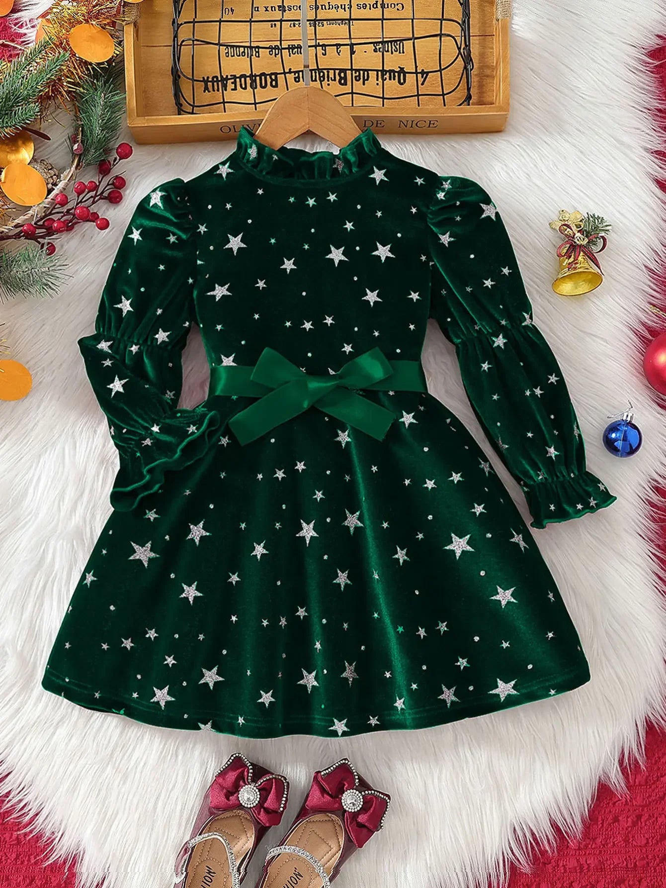 2025 New Year Dress for Girls Winter 3-6Y Kids Star Print Bowknot Long Sleeve Evening Dress Christmas Festive Dress for Girls