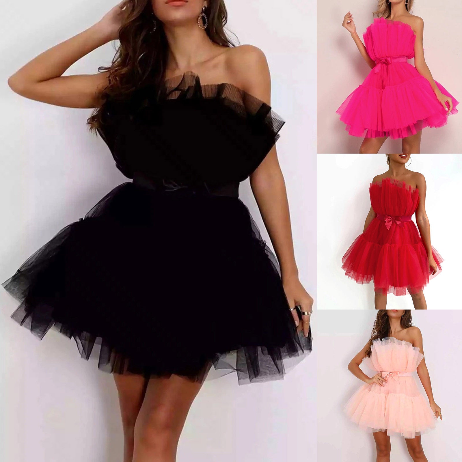 Strapless Mesh & Tulle Gown