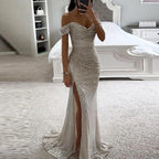 2025 Elegant Off-shoulder Gown Dress V-Neck Sequin Pleated Short Sleeve Waist Tight Maxi Dress Split Evening Party Prom Dress