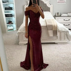 2025 Elegant Off-shoulder Gown Dress V-Neck Sequin Pleated Short Sleeve Waist Tight Maxi Dress Split Evening Party Prom Dress