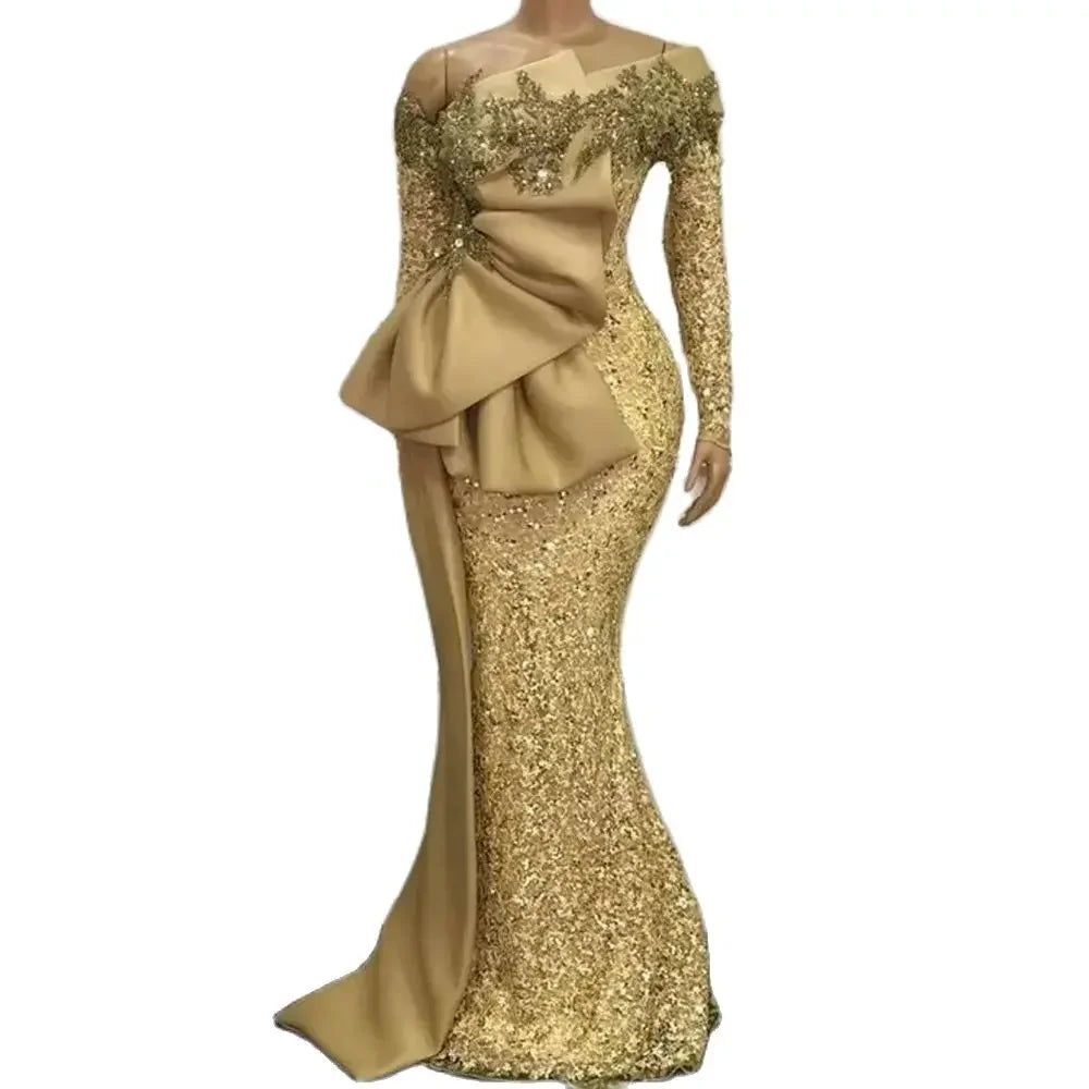 African Woman Plus Size Evening Dresses Lace Long Sleeves Mermaid Glitter Gold Party Dress Sequins Applique Bow Waist Prom Gowns