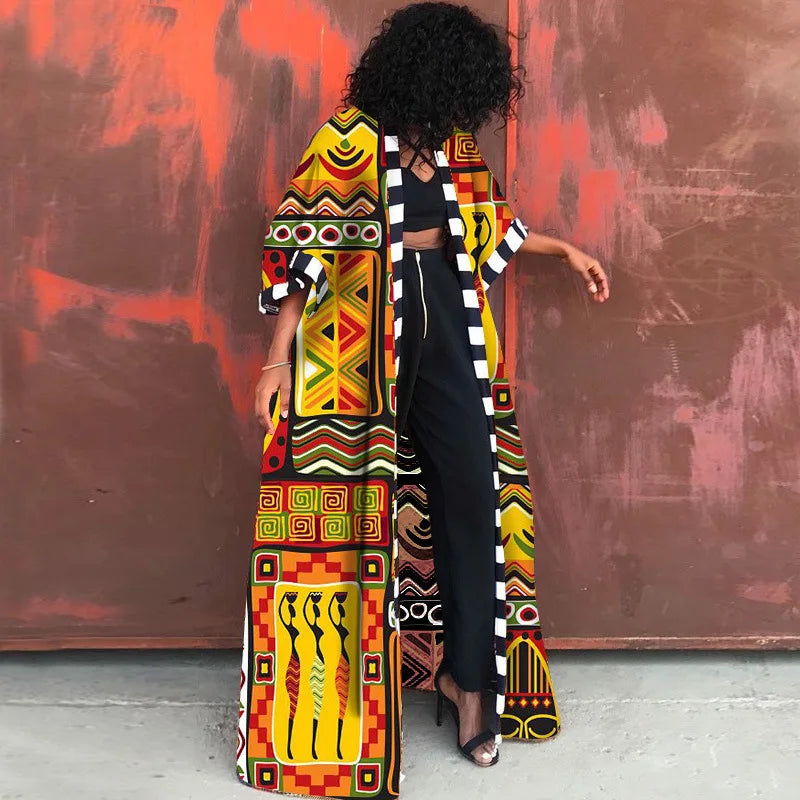 African Dresses for Women African Ethnic Print Loose Long Trench Coat Streetwear Dashiki African Clothes Cardigan African Kimono
