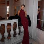 2025 New Women's Elegant Shiny Party Bodycon Robes Sexy Slim Sequins Red Sleeveless Long Dress Fashion Solid Maxi Gown Dresses