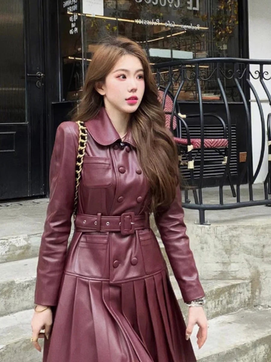 2025 New Fashion PU Leather Dress for Women High Street Trend Long Sleeve Slimming Elegant Pleated Dresses Female Clothing