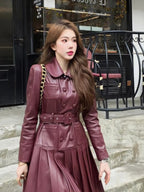 2025 New Fashion PU Leather Dress for Women High Street Trend Long Sleeve Slimming Elegant Pleated Dresses Female Clothing