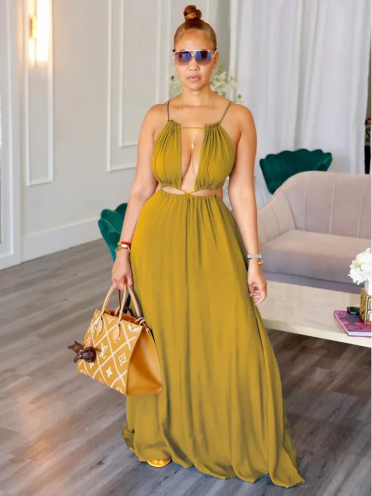 2025 Women's Dress Summer Holiday Solid Long Dresses Sexy Drawstring Lace Up Sleeveless Vestidos Para Mujer Club Party Outfits