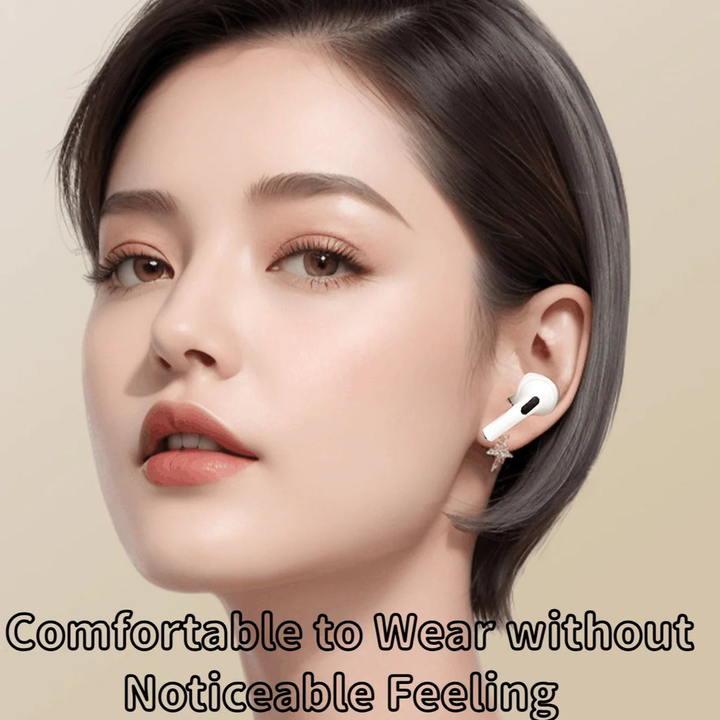 Woman wearing wireless earbuds with text about comfort and ergonomics.