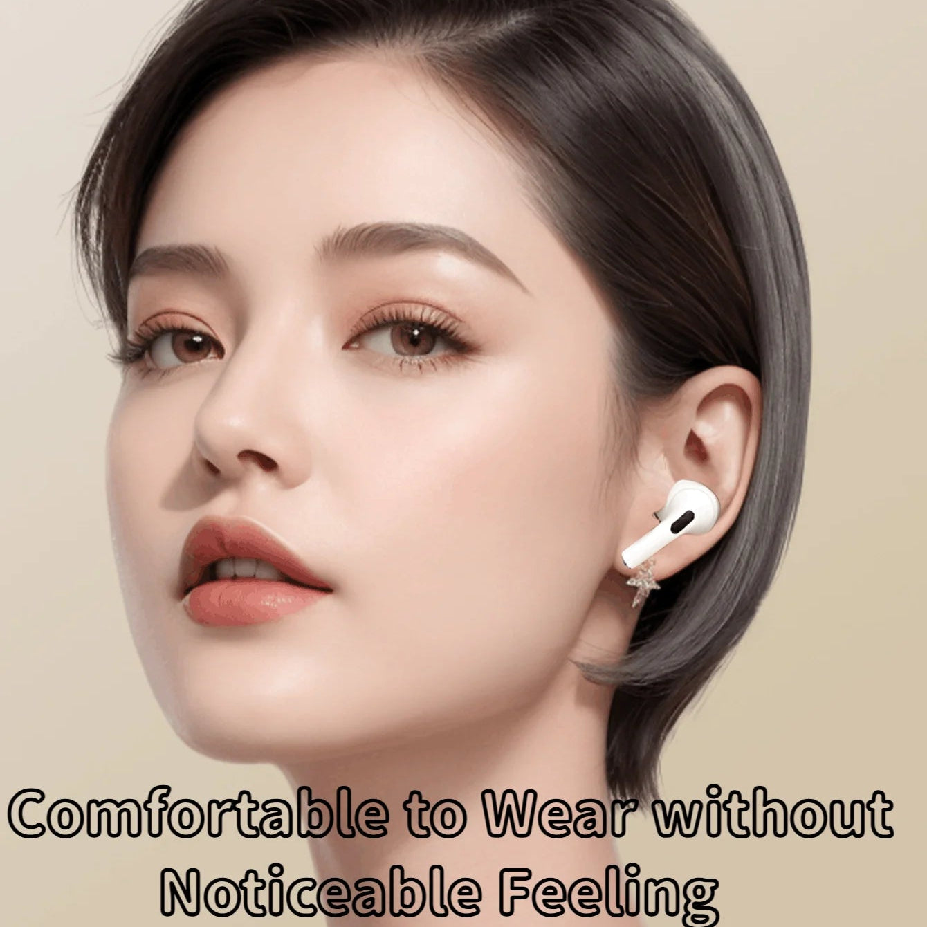 Woman wearing wireless earbuds with text about comfort and ergonomics.