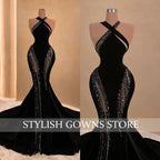 2025 Classic Black Women's Mermaid Modern Evening Dresses Halter Neck Customized Prom Gowns Beaded Vestidos De Customized