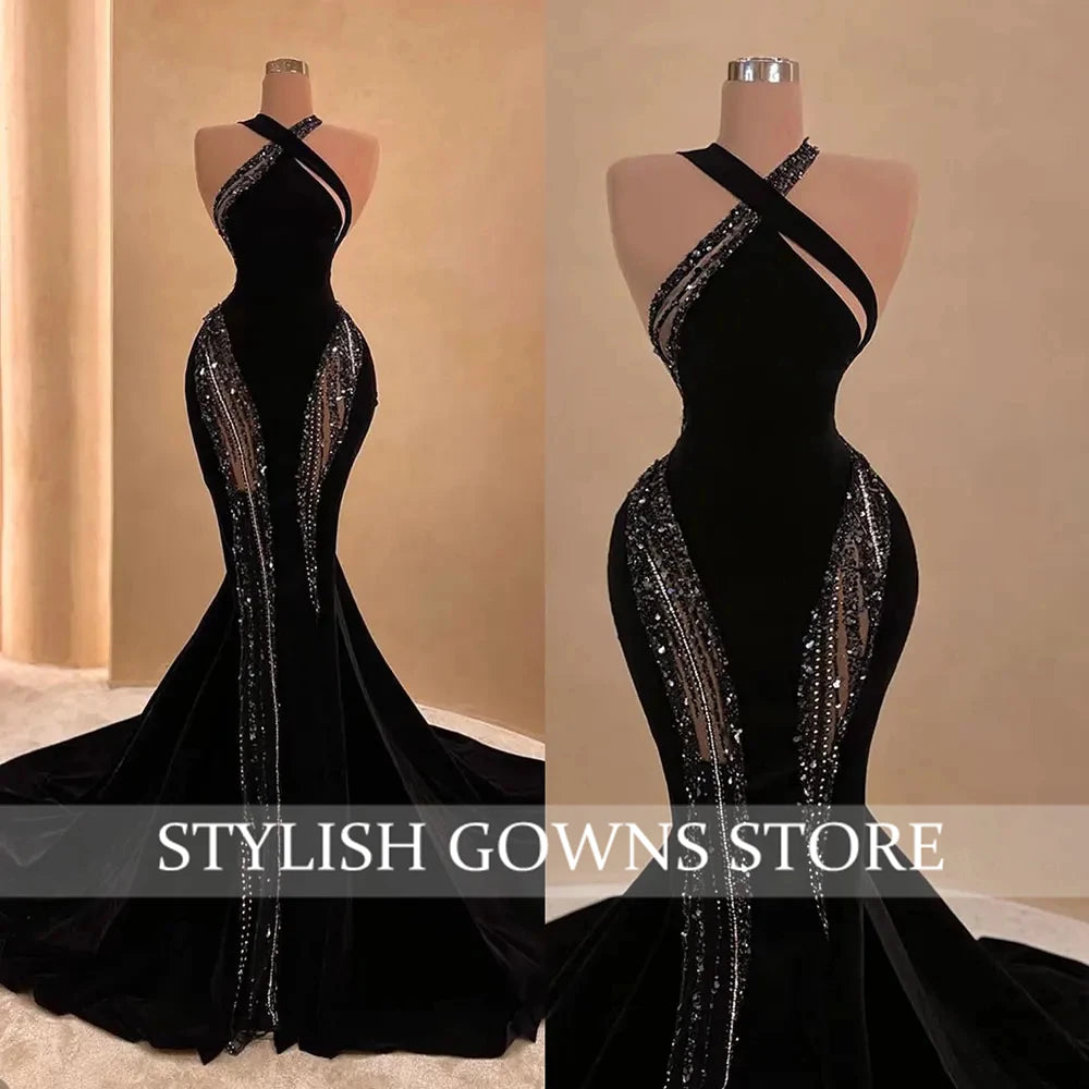 2025 Classic Black Women's Mermaid Modern Evening Dresses Halter Neck Customized Prom Gowns Beaded Vestidos De Customized