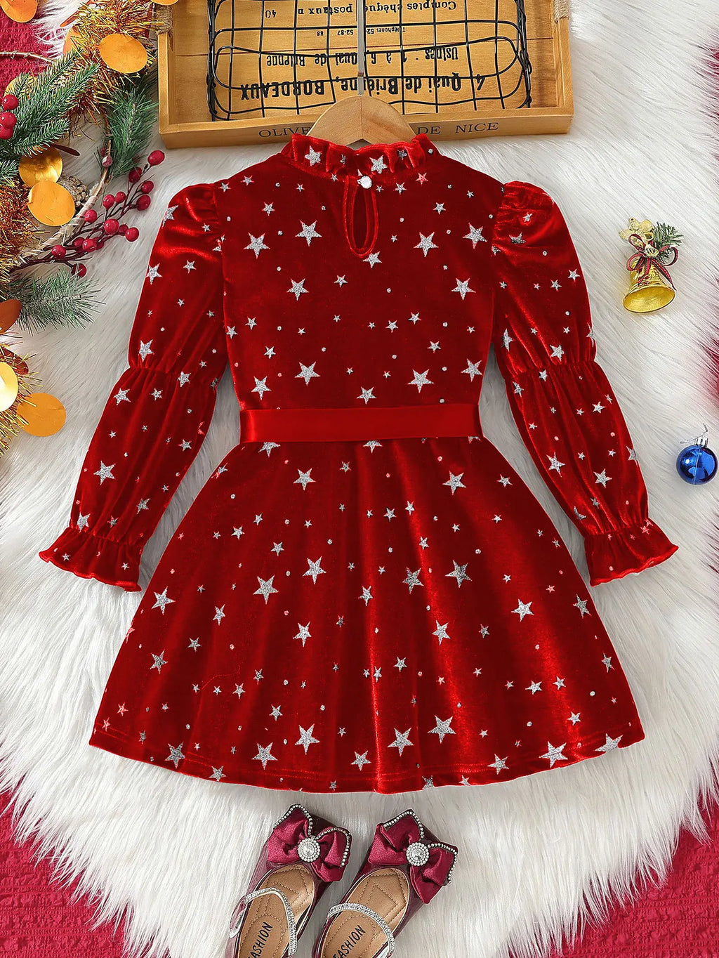 2025 New Year Dress for Girls Winter 3-6Y Kids Star Print Bowknot Long Sleeve Evening Dress Christmas Festive Dress for Girls