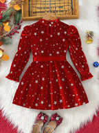 2025 New Year Dress for Girls Winter 3-6Y Kids Star Print Bowknot Long Sleeve Evening Dress Christmas Festive Dress for Girls