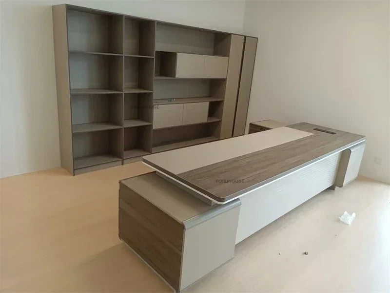 Modern Wooden Boss Office Desks Light Luxury Office Furniture Design with Storage Cabinet Study Desk Commercial President Desk