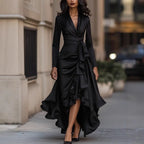 2025 Evening Dress Women's Long Sleeve V Neck High Waist Slim Fit Ruffle Solid Color Elegant Fashion Party Spring Autumn Dress