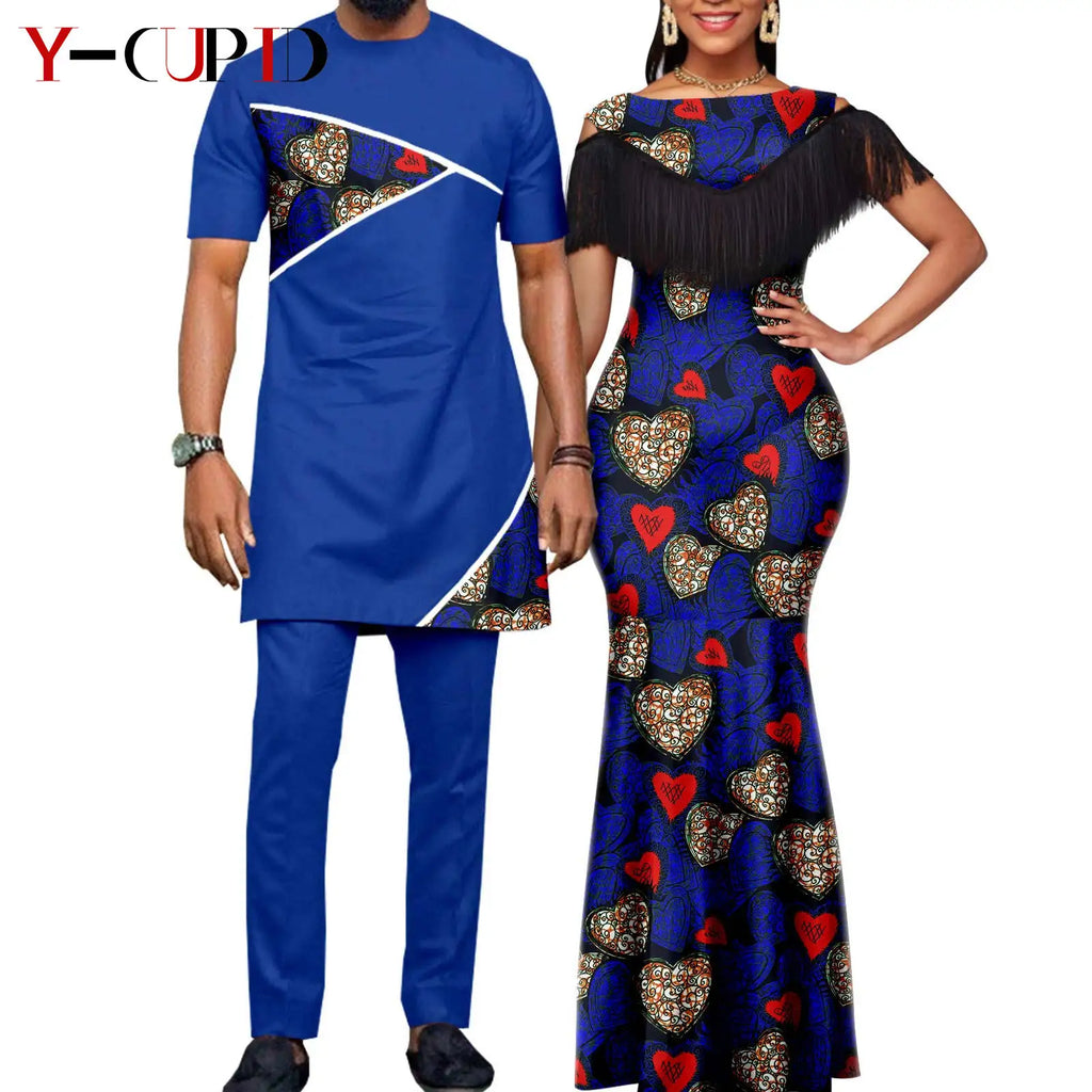 African Dresses for Women Matching Couple Outfits Bazin Riche Dashiki Slim Tassel Print Long Dresses for Party Vestidos Y23C009