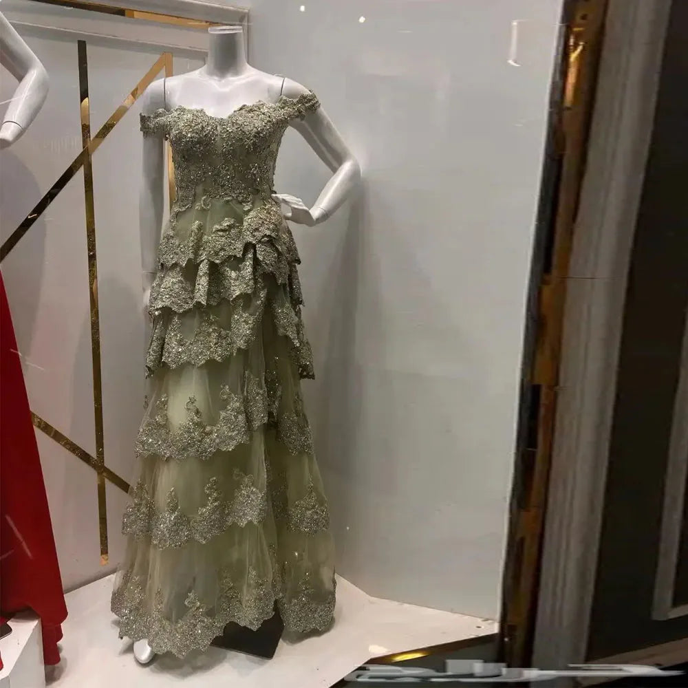 Customized Off the Shoulder Tiered Prom Dresses 2025 Bead Ruffles Layered Evening Party Gown with Split Dusty Green Maxi Dress