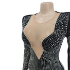 2025 Luxury Smart Evening Dress Women Deep V Neck Long Sleeve Tight Fitting Short Skirt Set With Diamonds Street Banquet Outfits