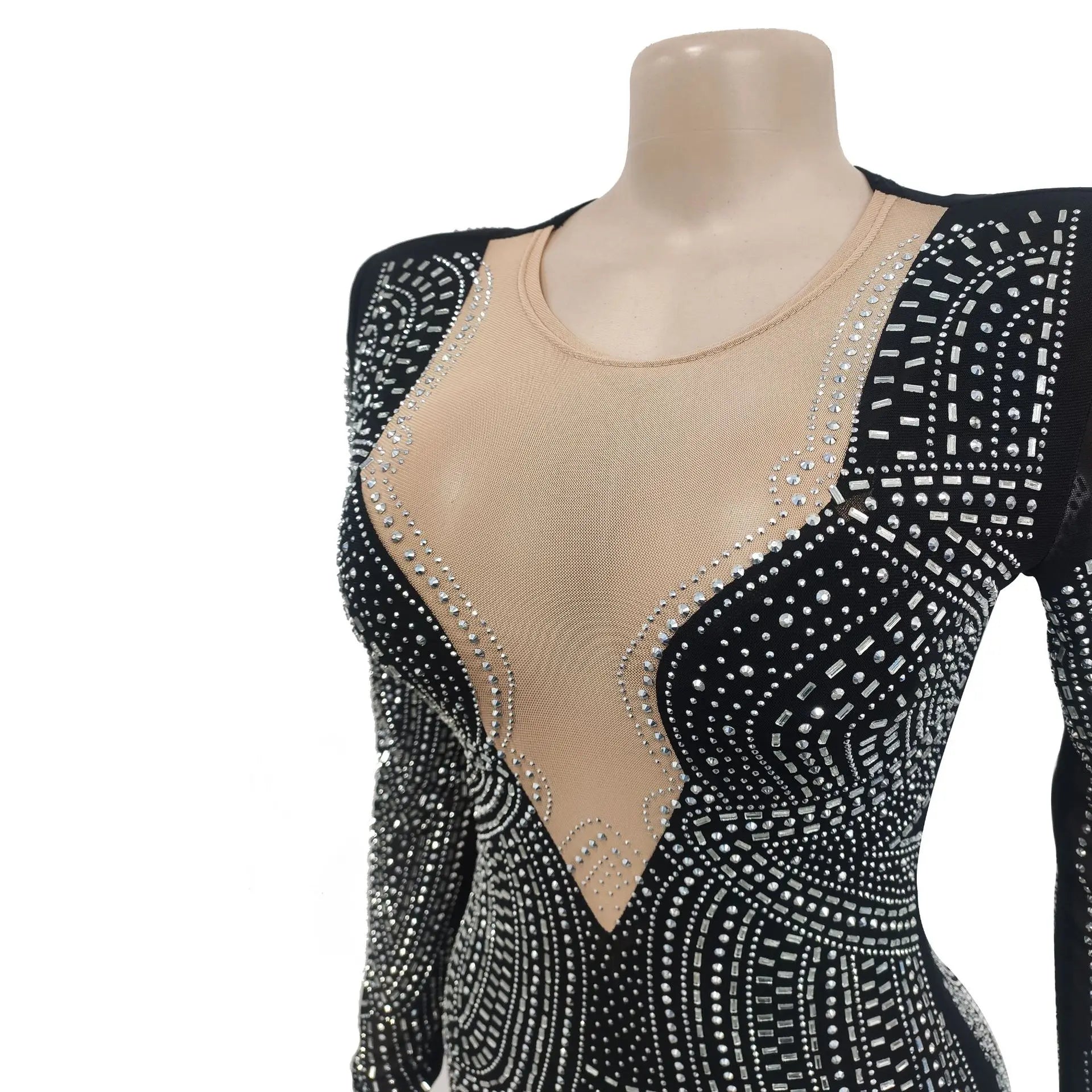 2025 Luxury Smart Evening Dress Women Deep V Neck Long Sleeve Tight Fitting Short Skirt Set With Diamonds Street Banquet Outfits