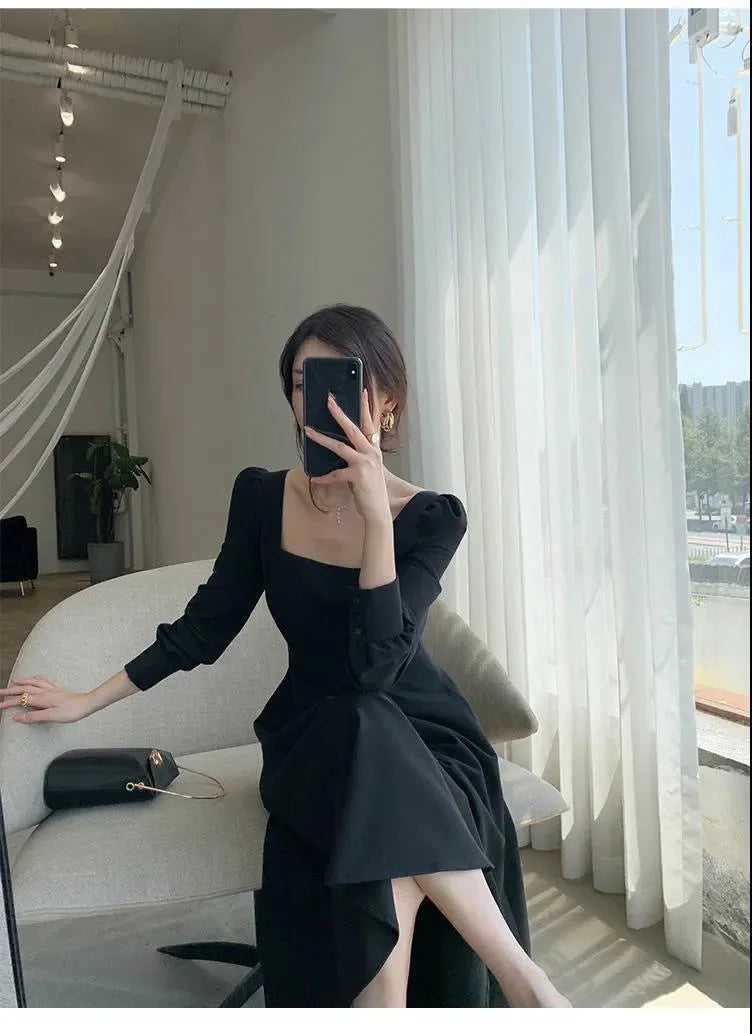 Black Dress Women's 2023 Autumn New Long-sleeved French Retro Hepburn Style Square Neck Dress