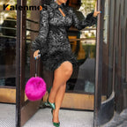 Vintage Mini Dress Women African Spring Feather Fall Sexy Bandage Long Sleeve Africa Bodycon Party Vestidos Birthday Streetwear