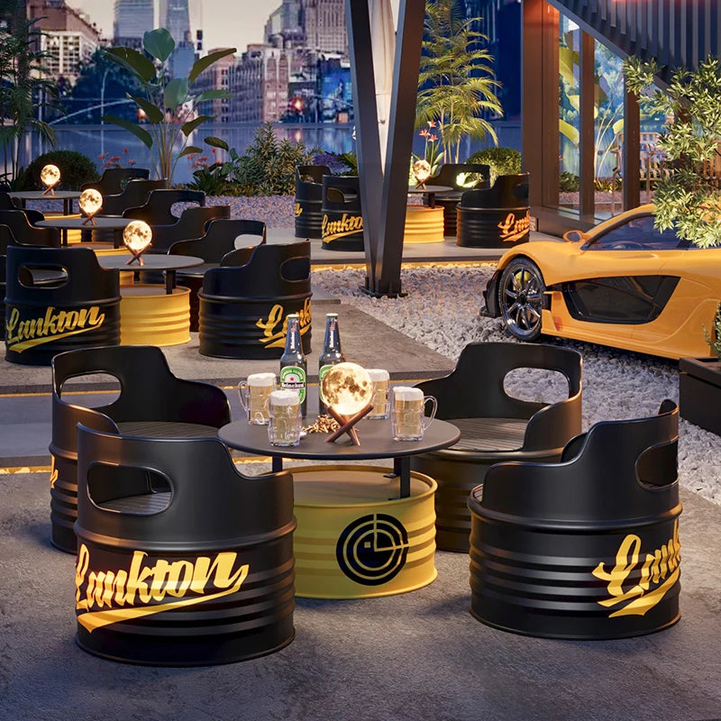 Industrial wind oil drum table and chair combination milk tea barbecue restaurant indoor and outdoor wrought iron furniture can