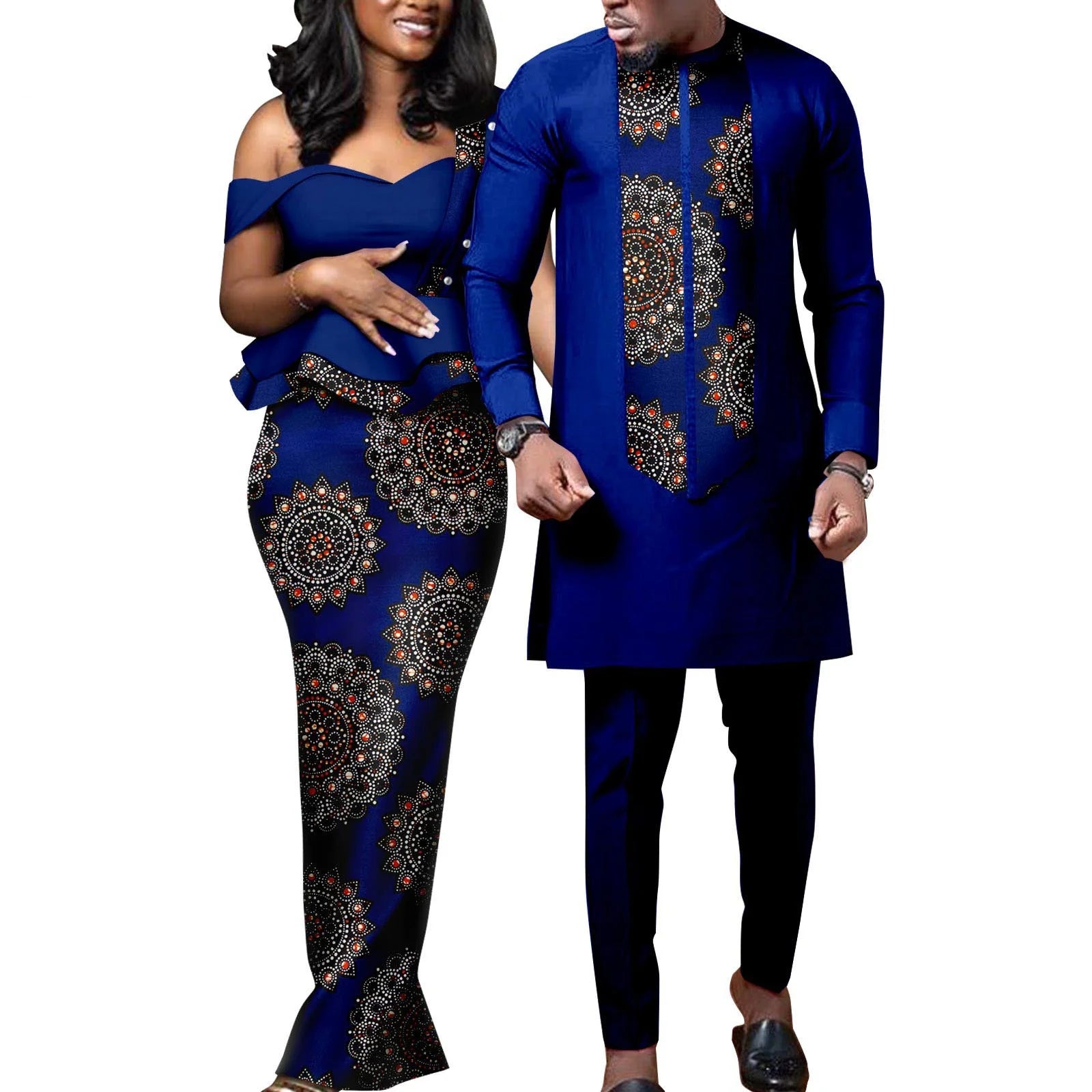 African Dresses for Women Match Bazin Lover Couple Clothes Print Mermaid Evening Dresses Men Outfits Shirt and Pant Sets Wedding