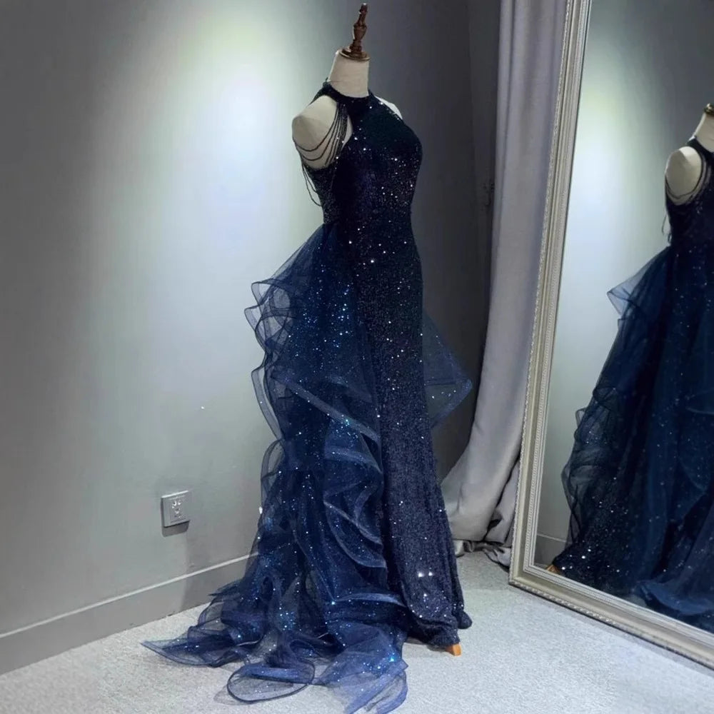 Elegant Sparking Navy Blue Evening Dresses Halt Beading Party Gown Customized Prom Dress 2025 Tiered robes de soirée Sweep Train