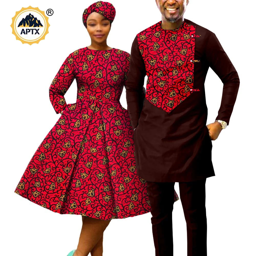 African Print Dresses for Women with Headwrap Matching Couple Outfits Men Patchwork Shirt and Pants Sets Africa Clothing Y22C075