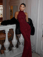 2025 New Women's Elegant Shiny Party Bodycon Robes Sexy Slim Sequins Red Sleeveless Long Dress Fashion Solid Maxi Gown Dresses