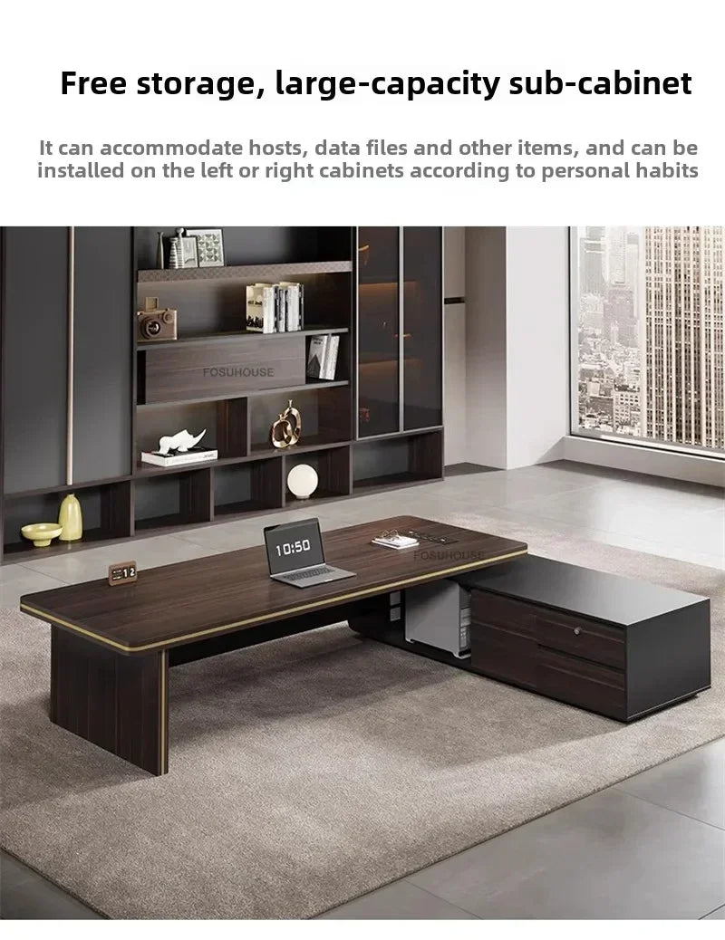 Modern Wooden Boss Office Desks Light Luxury Office Furniture Design with Storage Cabinet Study Desk Commercial President Desk