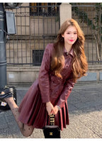 2025 New Fashion PU Leather Dress for Women High Street Trend Long Sleeve Slimming Elegant Pleated Dresses Female Clothing