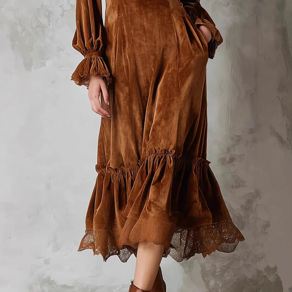 Womens Dresses 2025 Vintage Velvet V-neck Ruffled Lace Spliced Slim Fit Maxi Dress For Women Autumn Winter Elegant Party Dresses