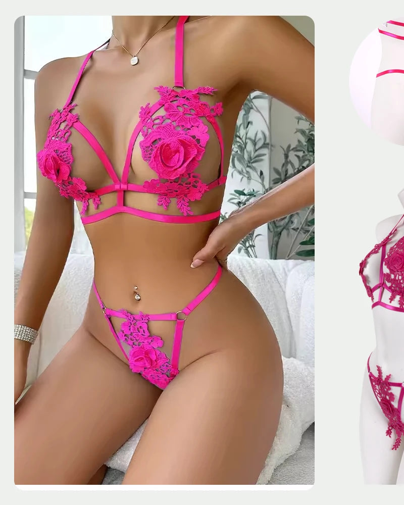 Pink lingerie set with floral details on a model and close-up views.
